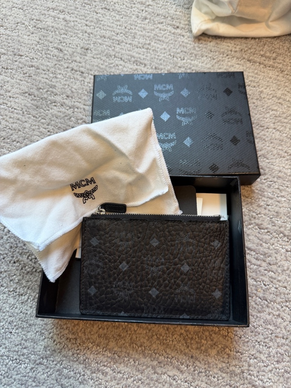MCM Black Textured Monogram Zip Card Pouch